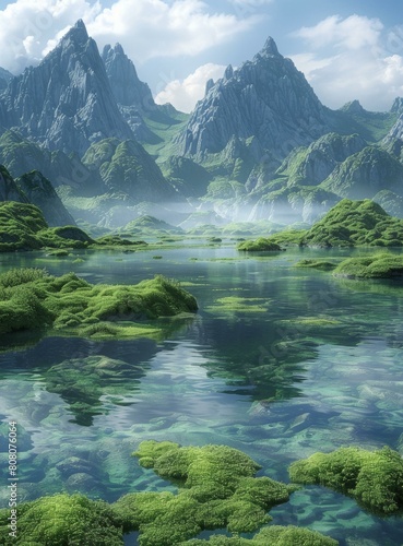 Misty mountains and lake with green mossy rocks in the water