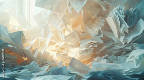 Sunlight filters through a chaotic pile of paperwork in an abstract office setting