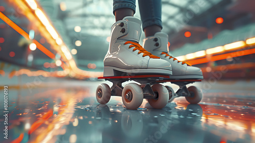 A closeup of Roller Skating Roller skates, against Rink as background, hyperrealistic sports accessory photography, copy space