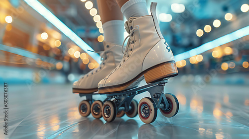 A closeup of Roller Skating Roller skates, against Rink as background, hyperrealistic sports accessory photography, copy space