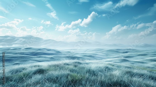 Frozen tundra landscape with rolling hills and a bright blue sky