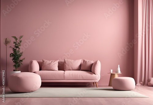 "Immerse yourself in the serene ambiance of a minimalist modern living room adorned with a cozy sofa and pouf set against a captivating pink wall, harmonized by the warmth of a fireplace, embodying t