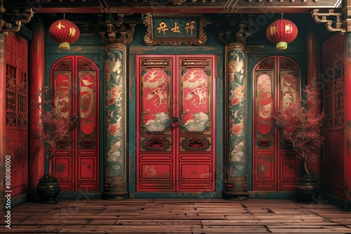 Chinese courtyard with red doors and green walls