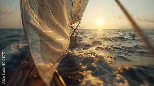 A closeup of Sailing Sail, against Water as background, hyperrealistic sports accessory photography, copy space