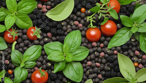 Basil, Oregano, Thyme, green and black pepper fruits- Farm Fresh and Healthy Diet Herbal Design Elements