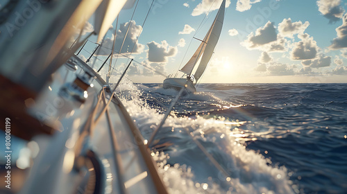 A closeup of Sailing Sailboat, against Water as background, hyperrealistic sports accessory photography, copy space