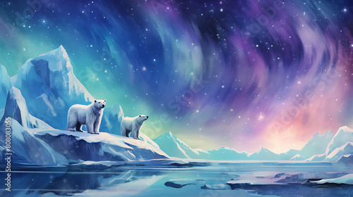 Design a watercolor background showcasing an arctic scene with polar bears on an ice floe under the aurora borealis