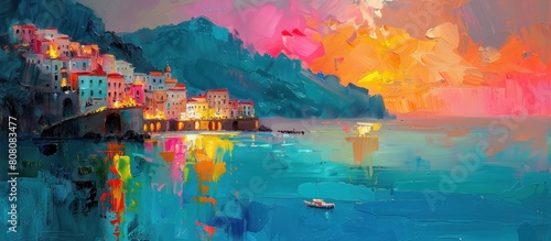 Colored paintings of lakes and mountain cities