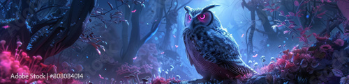 An owl with glowing red eyes is perched on a branch in a dark forest. The owl is surrounded by colorful mushrooms and flowers. The scene is lit by a full moon.