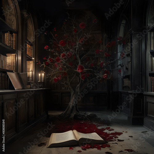 a book on the floor next to a tree with red roses