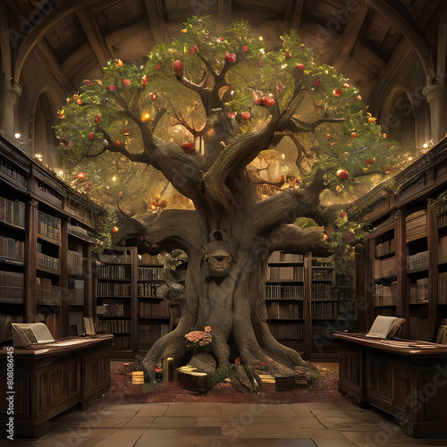 a tree with apples growing from it in a library
