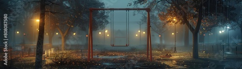 An empty playground at night. The swings are empty and the ground is wet from the rain. The street lights are on and the trees are bare. The atmosphere is sad and lonely.
