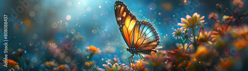 A beautiful butterfly with orange and black wings is perched on a flower in a field full of flowers. The butterfly is surrounded by a soft, glowing light.