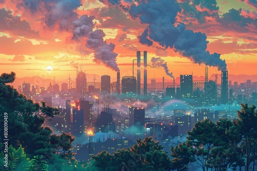 Futuristic backdrop marred by environmental pollution exacerbating health issues like respiratory and cardiovascular problems , High detail, High resolution,