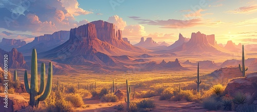 wide shot of Arizona desert at sunset, cacti and mountains in the background