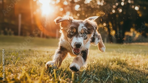 an Australian shepherd puppy play jumping with nose touching frisbee in golf field. generative ai