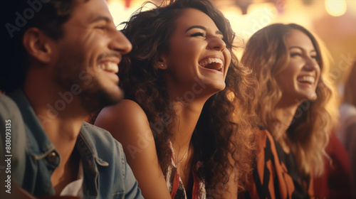 A close-up shot of a group of friends laughing and singing along at a music festival