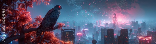 A lone crow watches over a futuristic city. The crow's eyes are glowing red. The city is dark andChong Man Liao Ni Hong Deng . The crow is a symbol of hope in the dark.