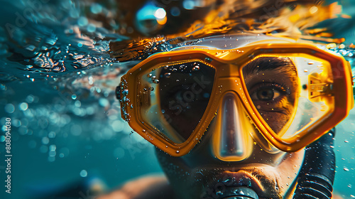 A closeup of Snorkeling Snorkel, against Water as background, hyperrealistic sports accessory photography, copy space