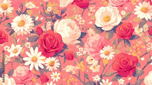 A vintage-inspired floral pattern reminiscent of traditional chintz fabric, featuring roses, peonies, and daisies. amazing background, anime background