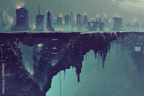 Futuristic strange style of future cities built vertically downwards into the earth, illustrated in minimal styles, and highlighted with a sharpen Cinematic Look