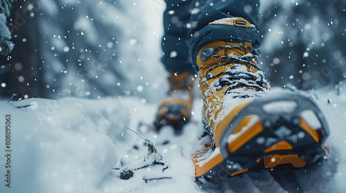 A closeup of Snowshoeing Snowshoes, against Trail as background, hyperrealistic sports accessory photography, copy space