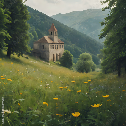 a painting of a church in a field of flowers