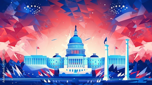  4th of July independence day Vector illustration with the celebration greeting USA flag waving ribbon bunting decoration famous landmarks balloons flag 
