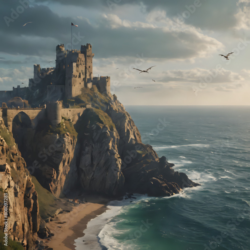 a birds flying over a cliff with a castle on top