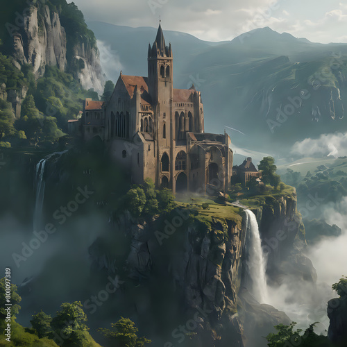 a castle on a cliff with a waterfall in the background