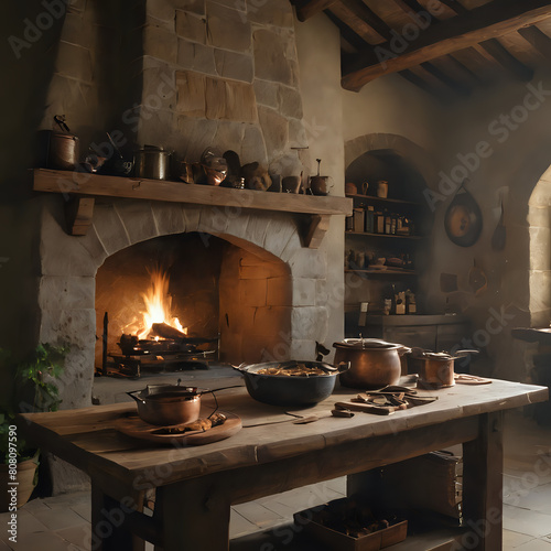a fireplace in a stone walled room with pots and pans on the table