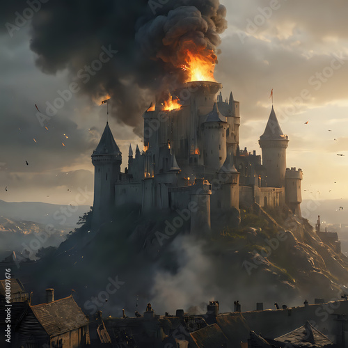 a castle on fire with smoke billowing out of it