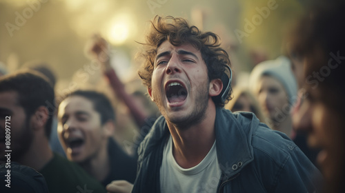 A close-up shot of a singer's passionate expression as they belt out a song at a music festival 