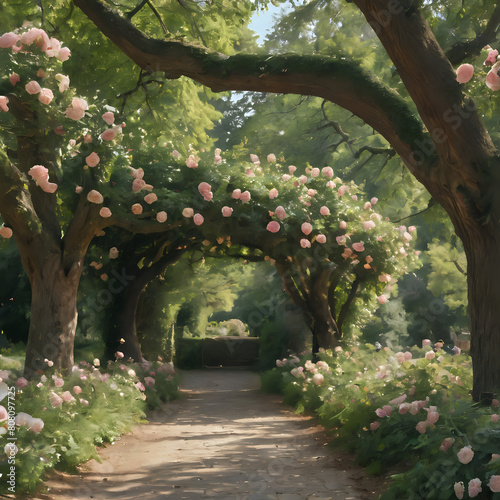 a painting of a path with pink roses on it