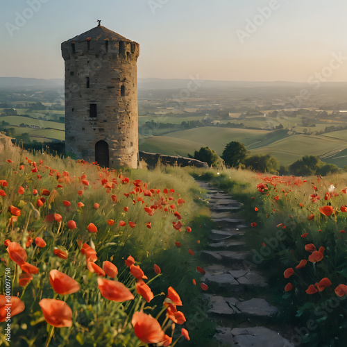 a tower with a clock on top of it in a field of flowers