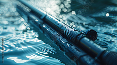 A closeup of Spearfishing Speargun, against Water as background, hyperrealistic sports accessory photography, copy space