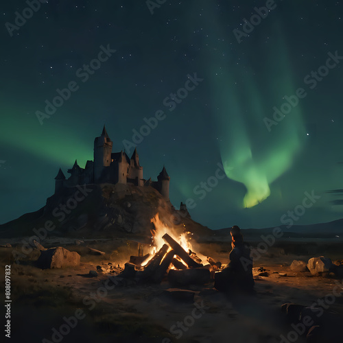 a man sitting by a campfire in front of a castle