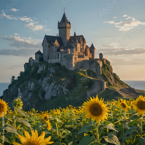 a castle on a hill with sunflowers in front of it