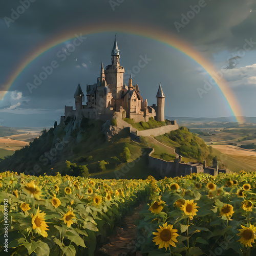 a rainbow in the sky over a castle and sunflowers