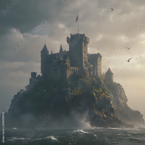 a castle on a rock in the middle of the ocean