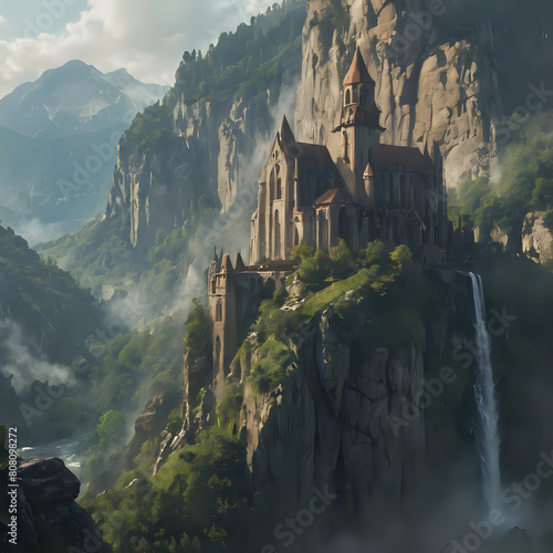 a castle on a mountain with a waterfall in the foreground