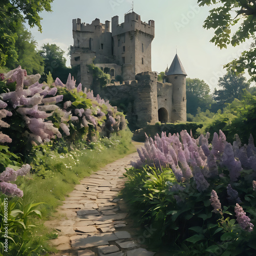 a path leading to a castle with purple flowers