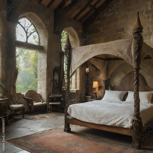 a bed with canopy in a stone walled bedroom with a stone wall