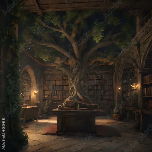 a tree in the middle of a library with a desk