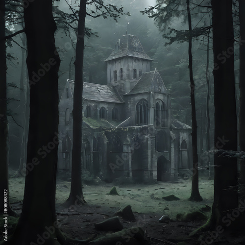 a building in the middle of a forest with a clock tower
