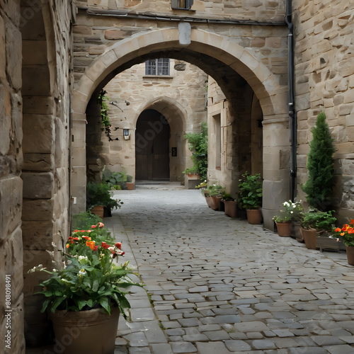 a many potted plants in the middle of a stone walkway