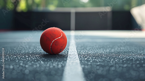 A closeup of Squash ball, against Court as background, hyperrealistic sports accessory photography, copy space