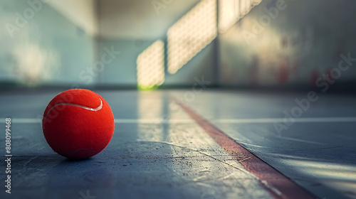A closeup of Squash ball, against Court as background, hyperrealistic sports accessory photography, copy space