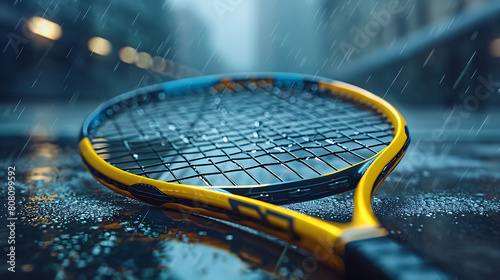 A closeup of Squash racket, against Court as background, hyperrealistic sports accessory photography, copy space