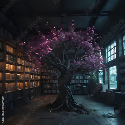 a tree that is in a library with a lot of books
